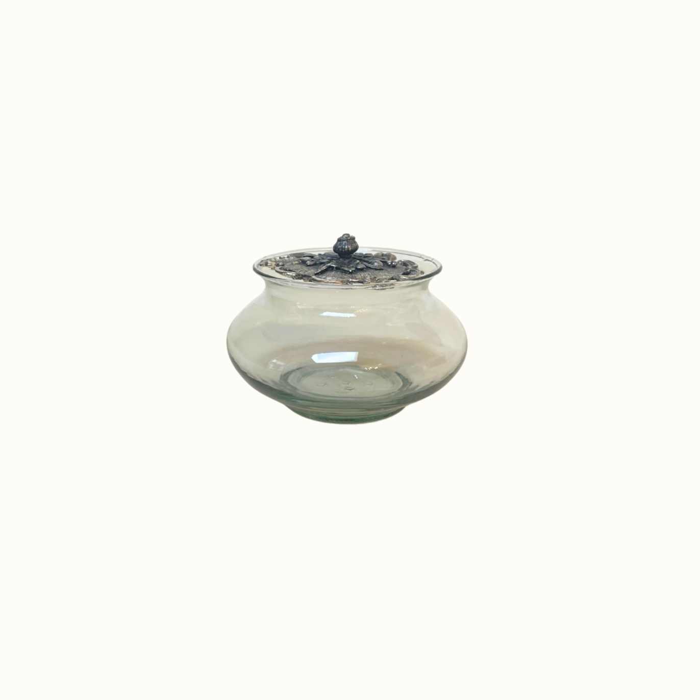 Vintage Glass Potpourri Dish Jar with Pewter Floral Lid