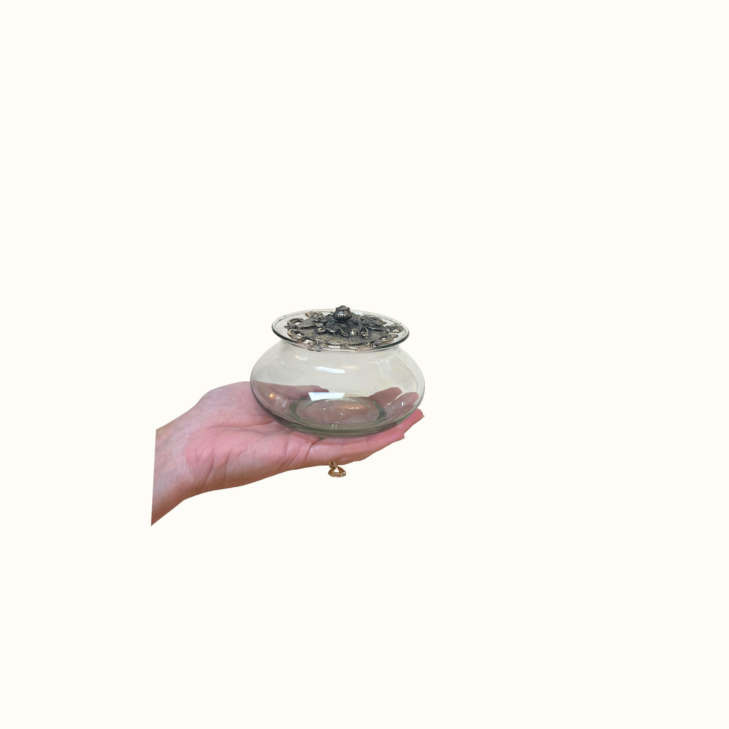 Vintage Glass Potpourri Dish Jar with Pewter Floral Lid