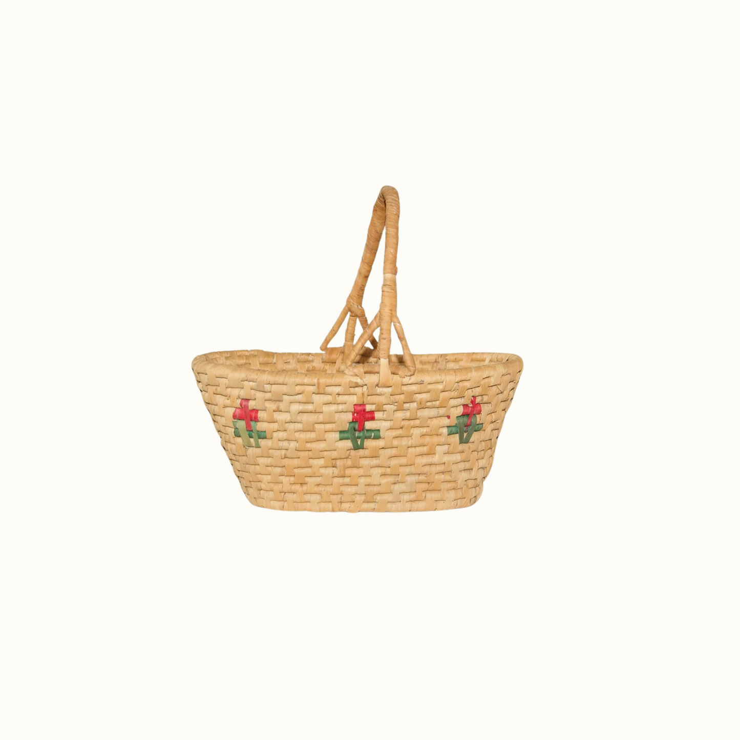 Vintage Coil Basket with Red Flowers and Triangle Handles