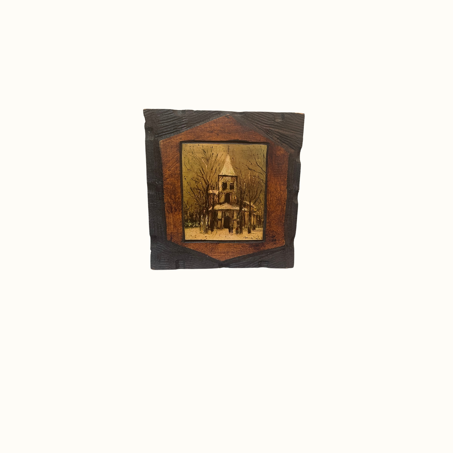 Vintage Hand Carved Wooden Frame with Church Painting Print