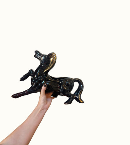 Vintage Mid Century Black and Gold Stallion Horse Planter