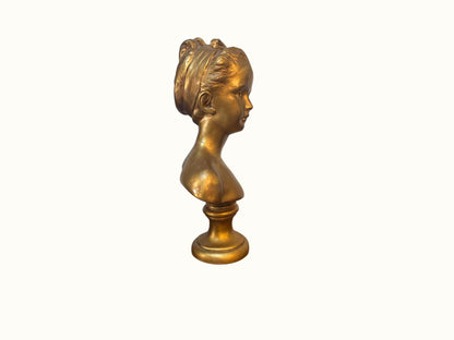 Vintage French Gold Bronze Cast Bust of Girl After Jean Antoine Houdon