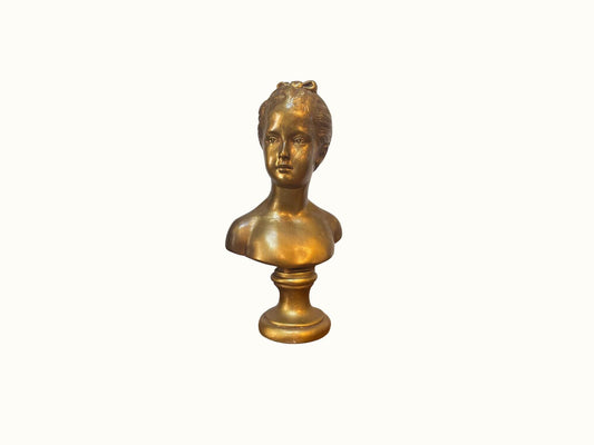 Vintage French Gold Bronze Cast Bust of Girl After Jean Antoine Houdon