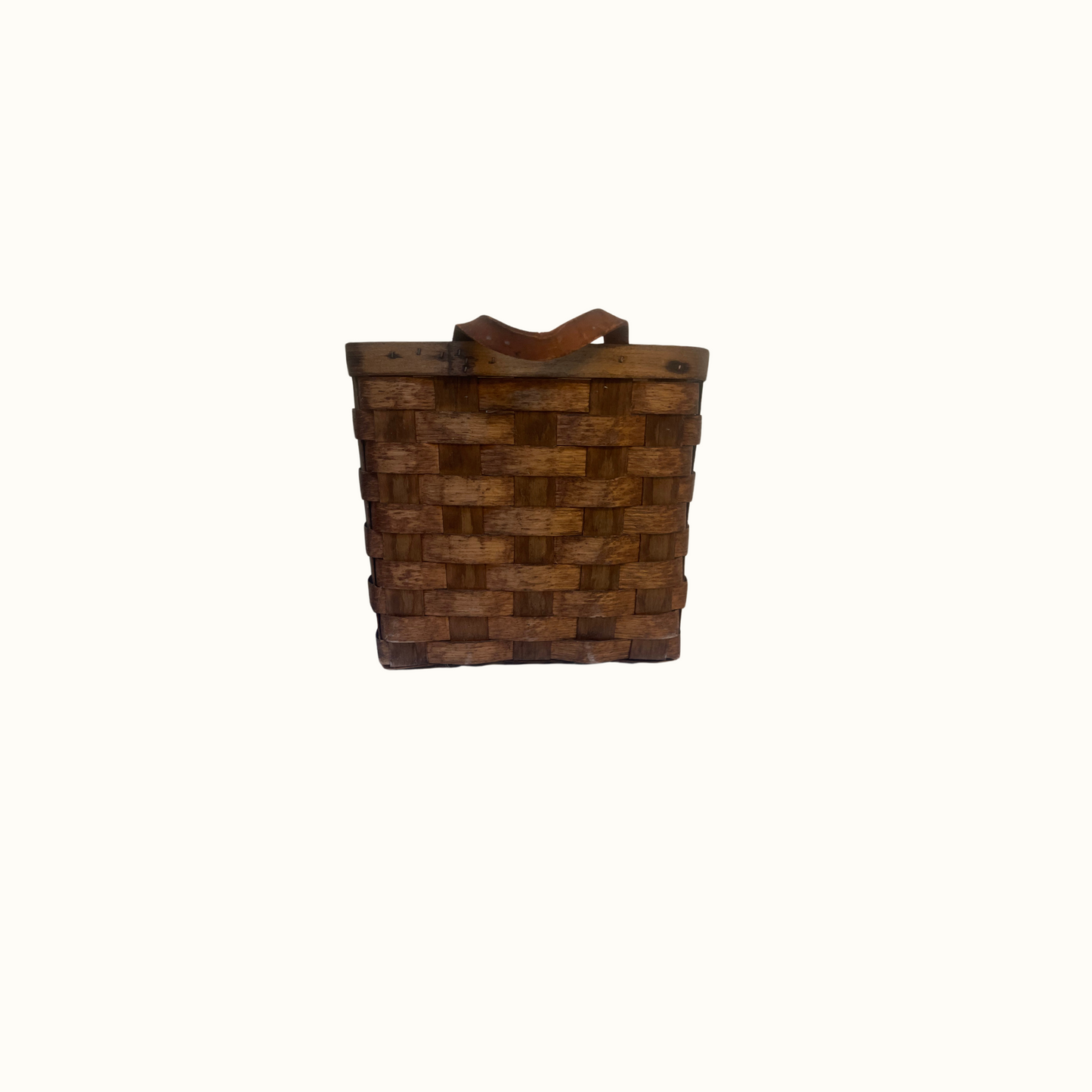 Vintage Split Oak Hanging Wall Basket, Leather Handle