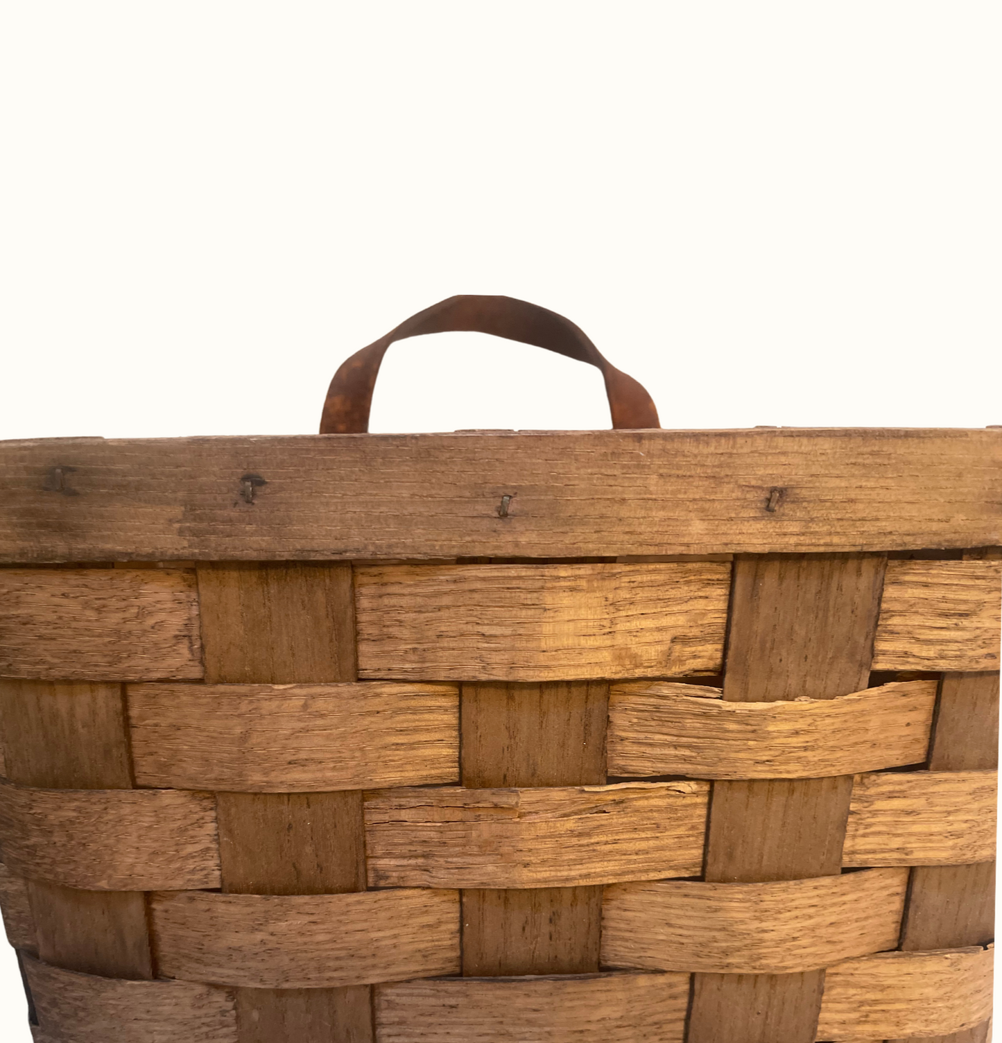 Vintage Split Oak Hanging Wall Basket, Leather Handle