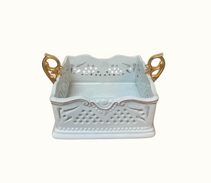 Vintage Ceramic Porcelain Treasures White and Gold Square Caddy Dish