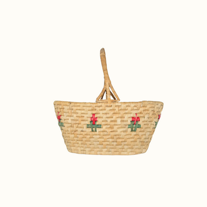 Vintage Coil Basket with Red Flowers and Triangle Handles