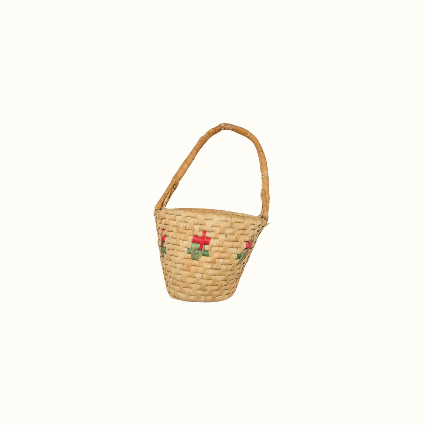 Vintage Coil Basket with Red Flowers and Triangle Handles