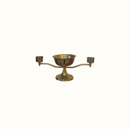 Vintage Brass Double Candlestick Holder With Bowl