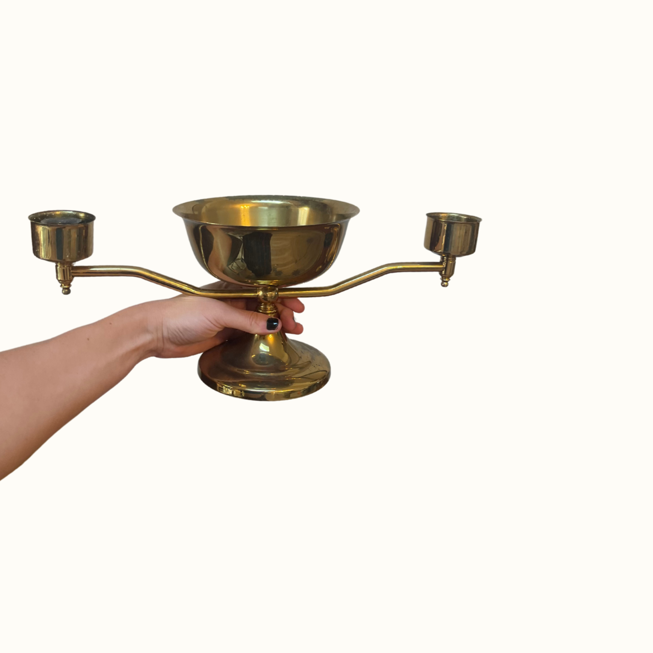 Vintage Brass Double Candlestick Holder With Bowl