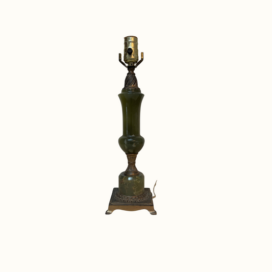 Vintage French Green Onyx Stone and Brass Lamp