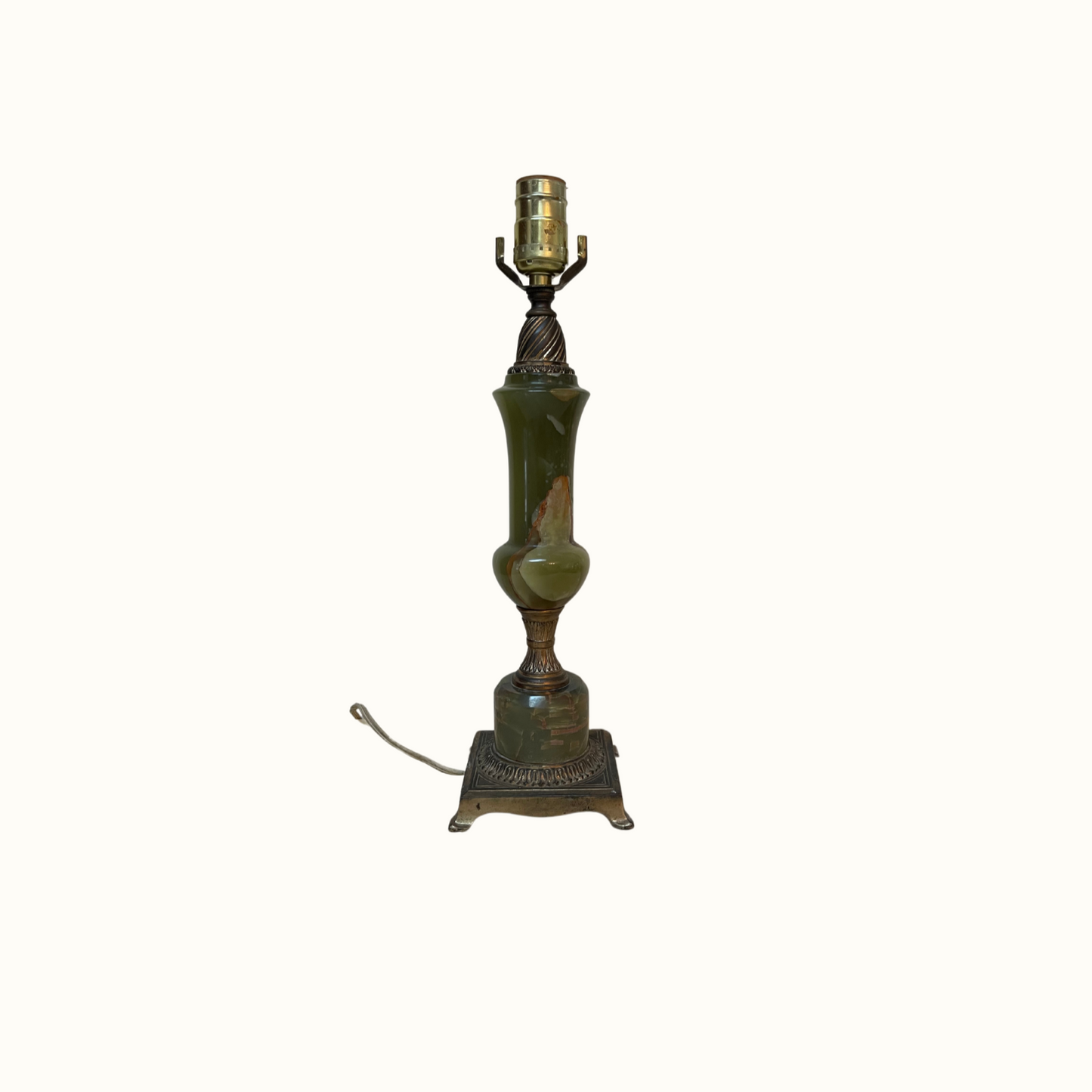 Vintage French Green Onyx Stone and Brass Lamp