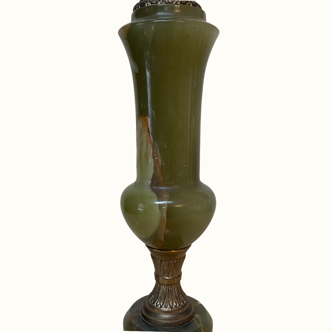 Vintage French Green Onyx Stone and Brass Lamp