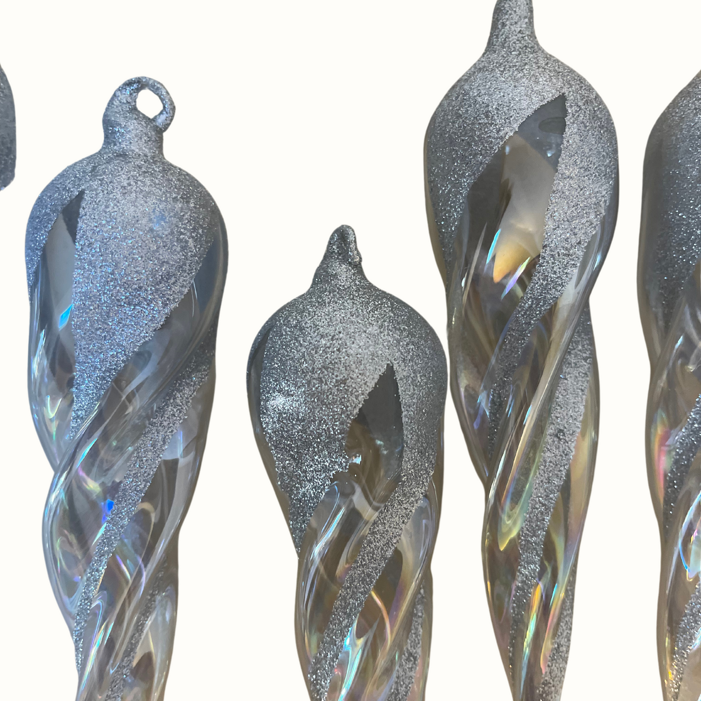 Vintage Iridescent Glass Silver Glitter Icicle Hanging Ornaments (Set of 8)