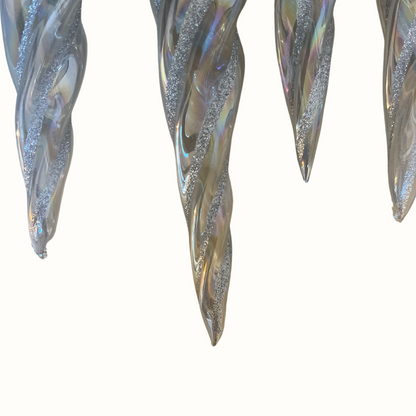 Vintage Iridescent Glass Silver Glitter Icicle Hanging Ornaments (Set of 8)