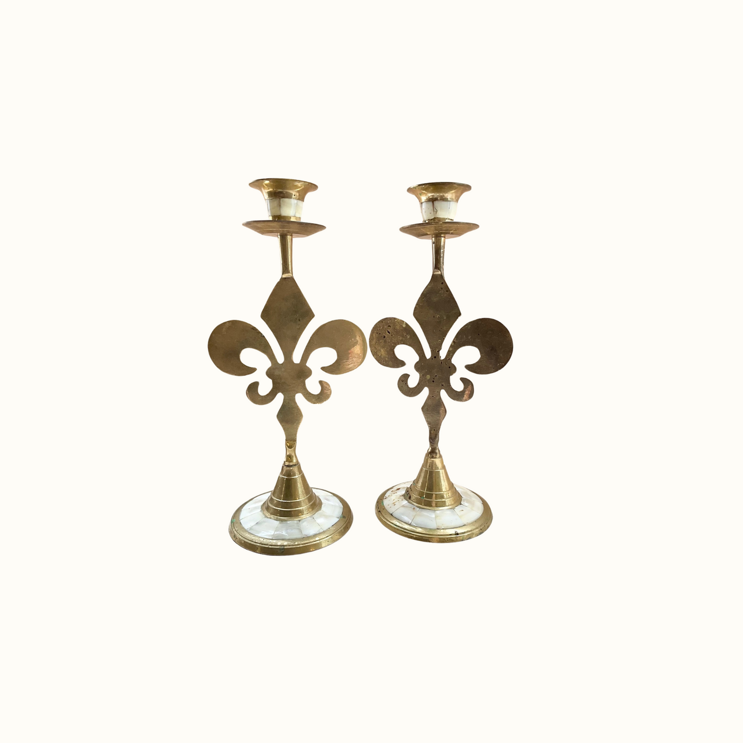 Vintage Brass and Mother Of Pearl Fleur De Lis Candlesticks Pair