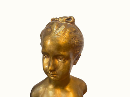 Vintage French Gold Bronze Cast Bust of Girl After Jean Antoine Houdon