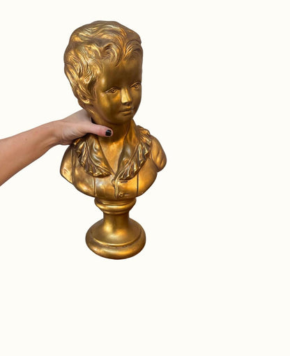 Vintage French Gold Bronze Cast Bust of Boy After Jean Antoine Houdon