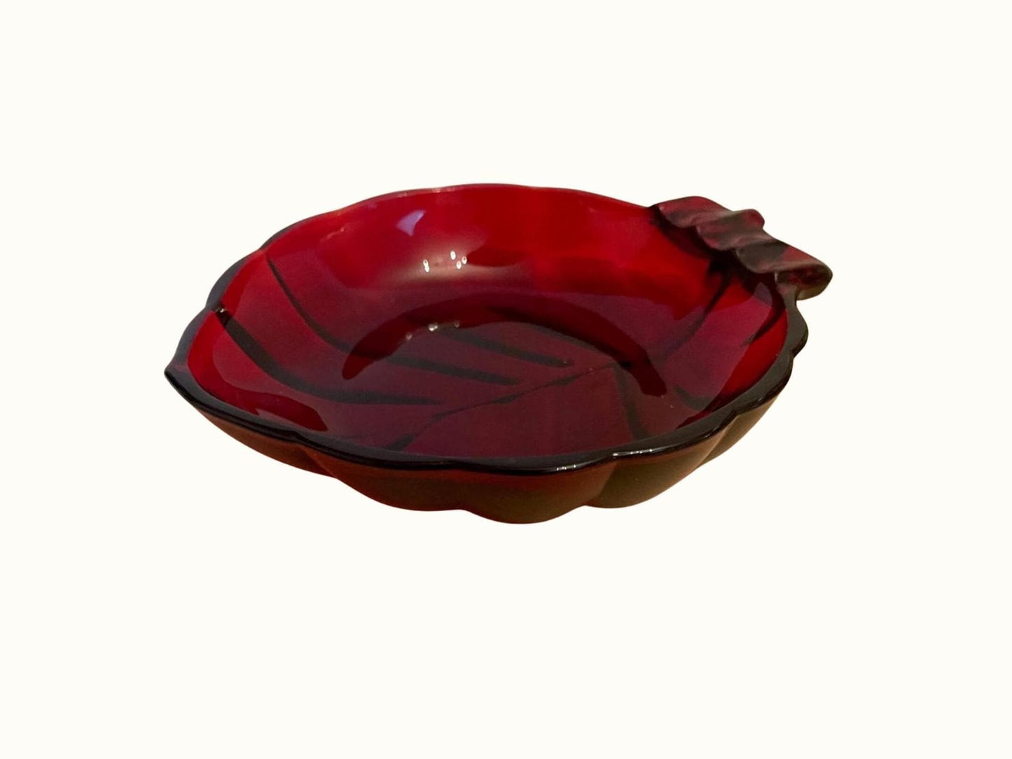 Vintage Ruby Red Anchor Hocking Glass Leaf Ashtray Trinket Dish